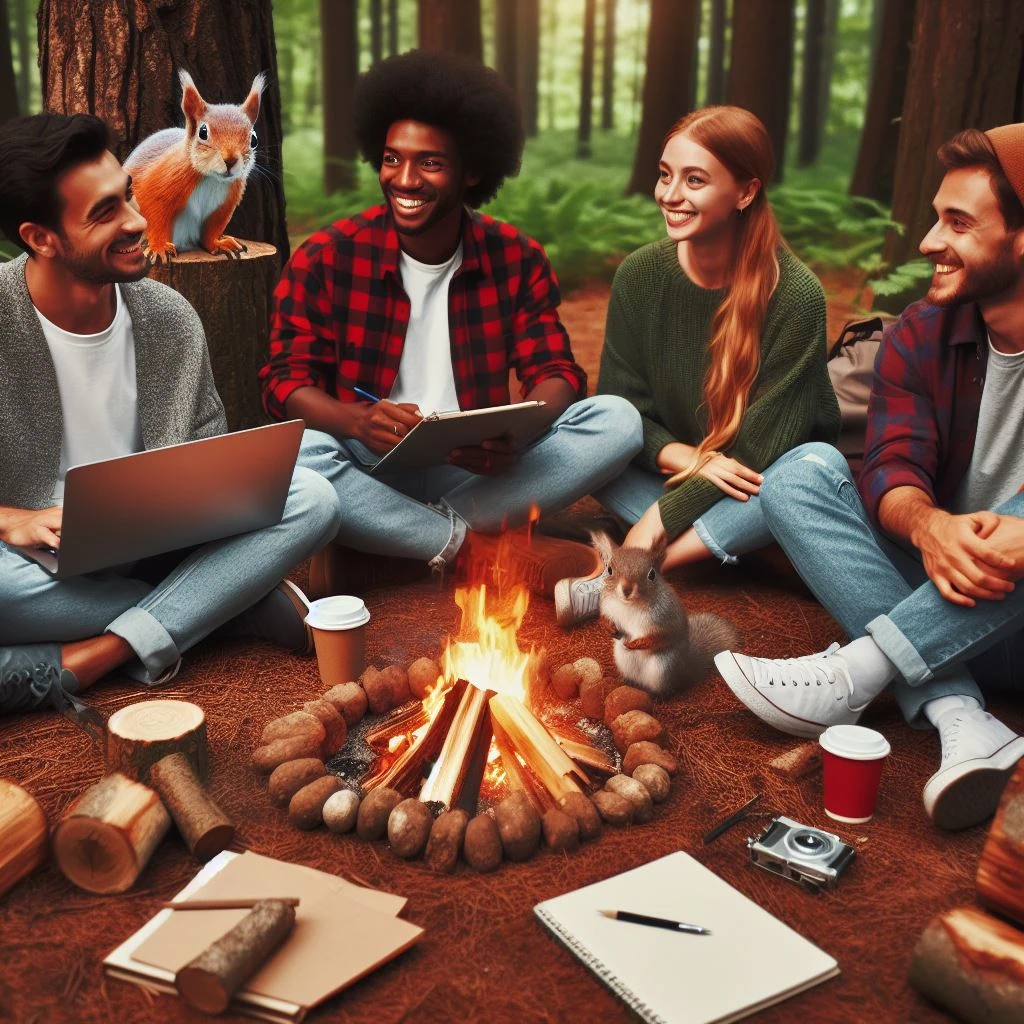 a group of guest authors sitting around a fire