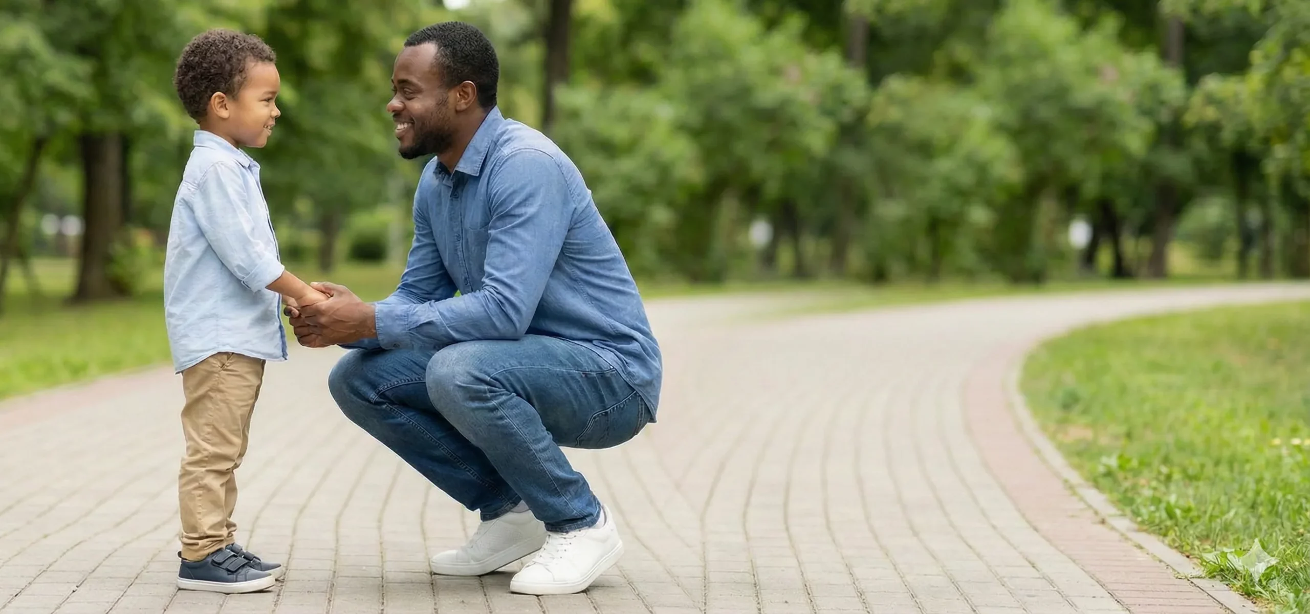 Father and son holding hands in a park